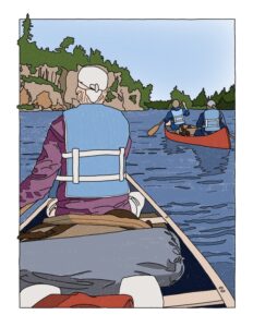 colored page of women canoeing in the BWCA